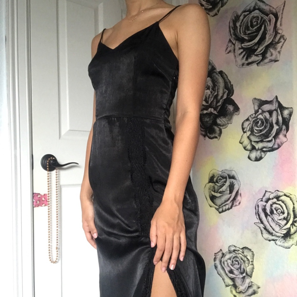 Black silk lace formal maxi dress